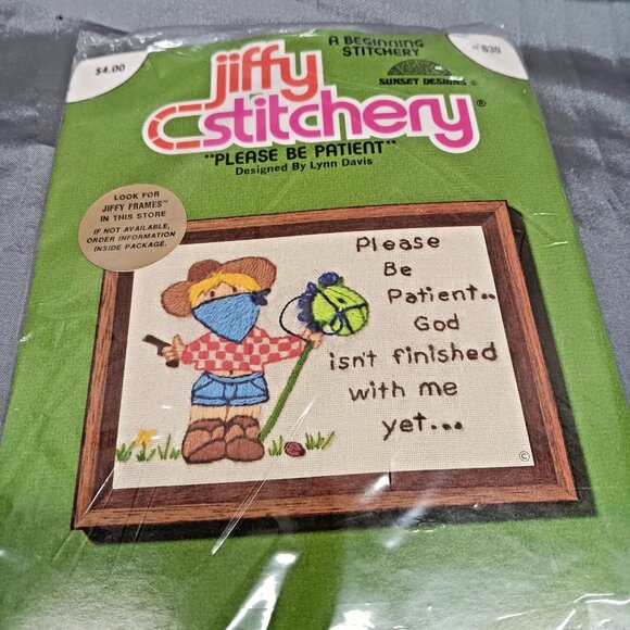 VTG 70s Jiffy Stitchery Crewel Kit Please Be Patient Lynn Davis Beginners Craft - Picture 2 of 4
